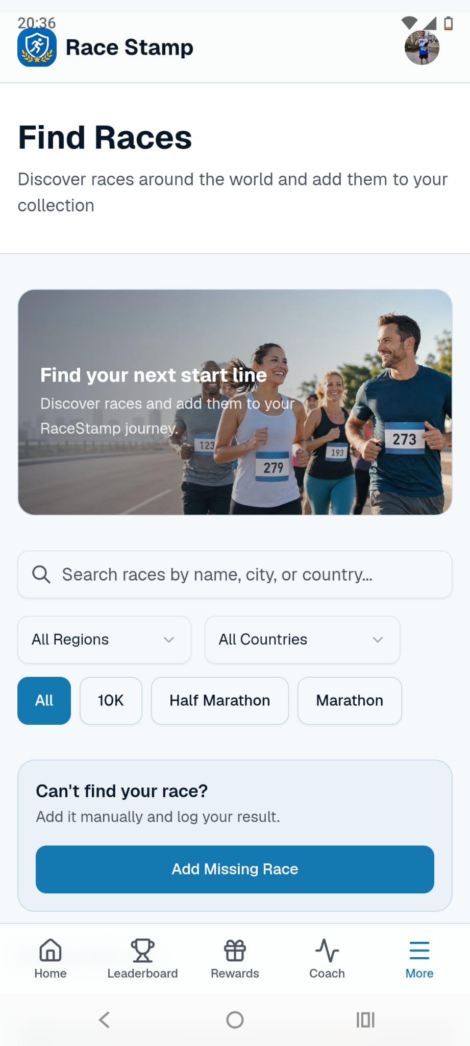 Race Stamp Find Races explorer with search and filters