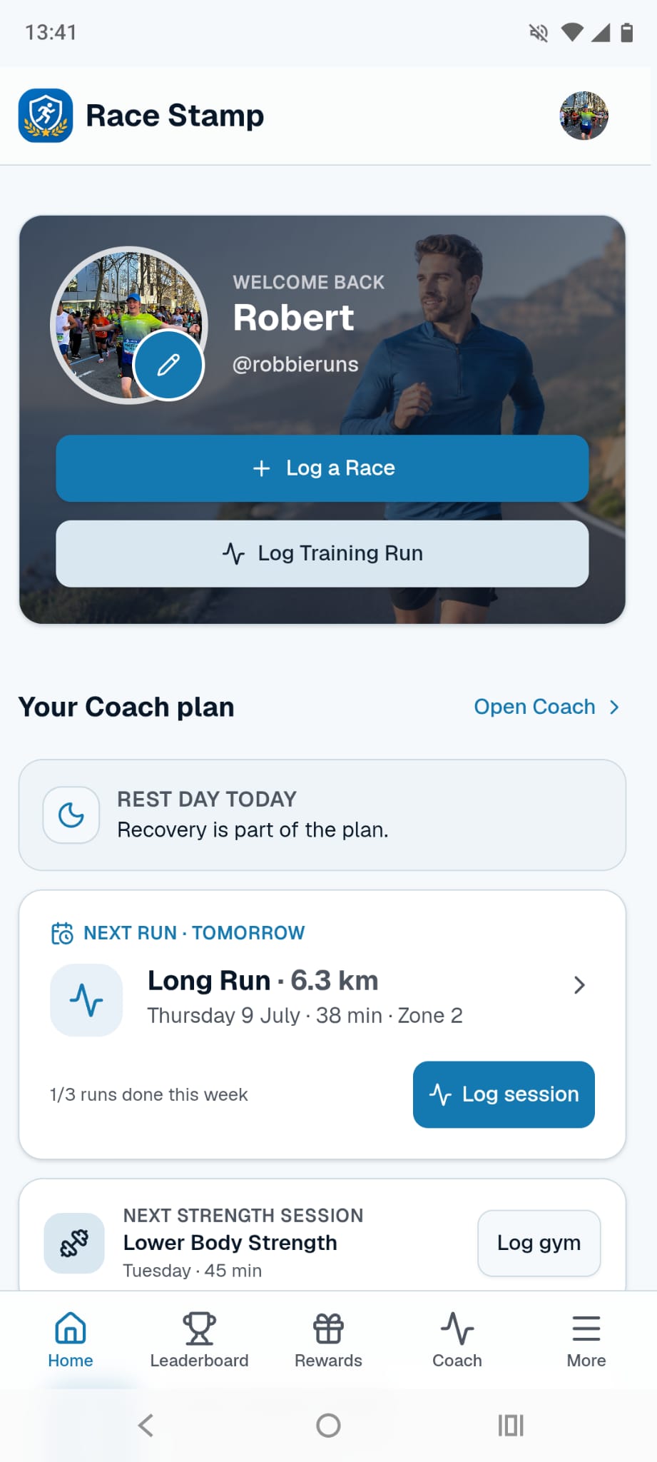 Race Stamp home dashboard with Log a Race and Log Training Run