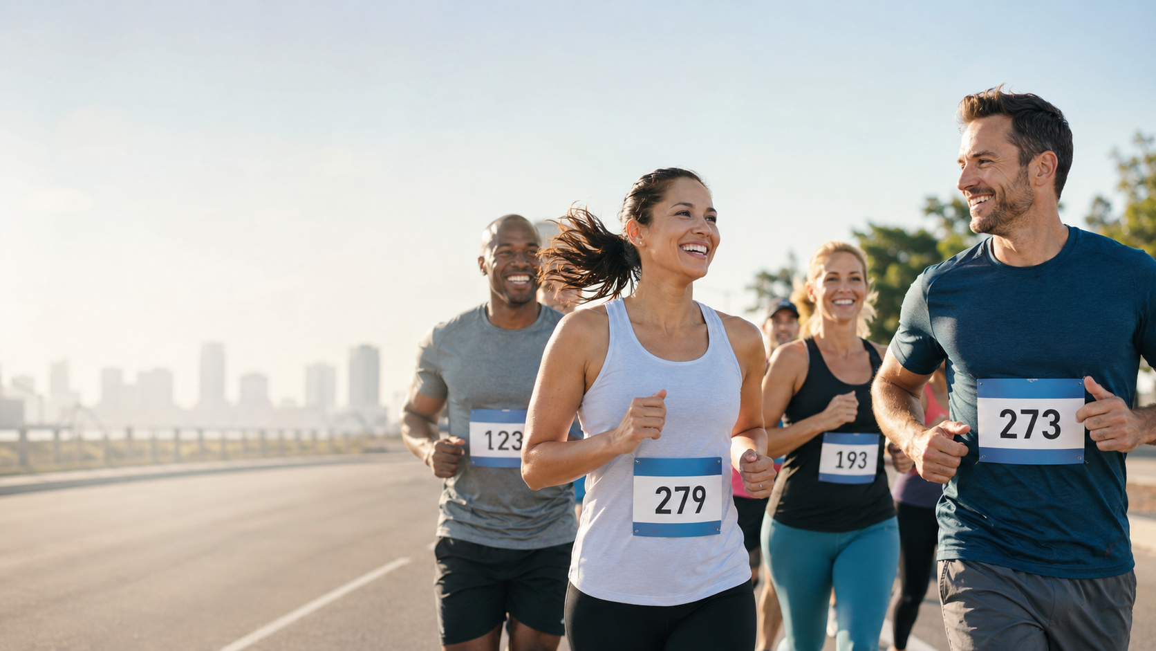 A group of runners with race bib numbers on a city road